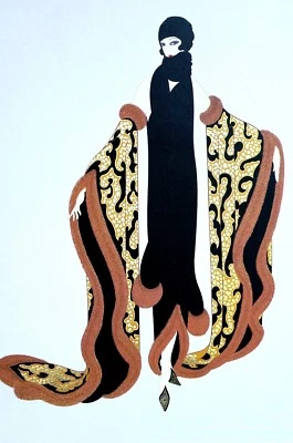 Erte 1987 FOX FUR TRIM OPERA CLOAK COAT and DRESS Matted Art Deco Fashion Print - Image 1 of 4