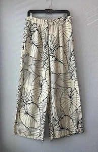 Magaschoni Linen Pants Oatmeal Leaf Print Wide Leg Beach Resort Large High Rise - Picture 1 of 10