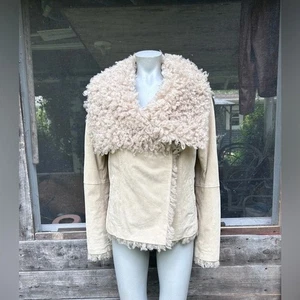 Vintage Y2K Moda International Short Beige Suede Faux Curly Lamb Jacket~S~ - Picture 1 of 8