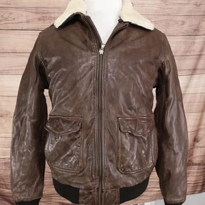 Redskins Leather Jacket Mens Large Brown Bomber Aviator Faux Shearling Collar - Picture 1 of 16