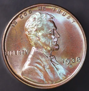 1938 D LINCOLN CENT *TONED* FRESH FROM AN ORIGINAL ROLL- LOT AA-8403 - Picture 1 of 2