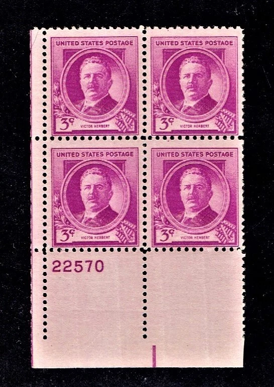 1940 U.S. FAMOUS AMERICANS 3c HERBERT Plt#BLK of 4 Sc#881 M/NH/OG Pristine^ - Image 1 of 1