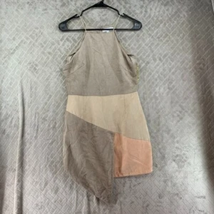 Rare London Woman Medium Short Mini Dress Beige Faux Suede Color Block High Neck - Picture 1 of 17