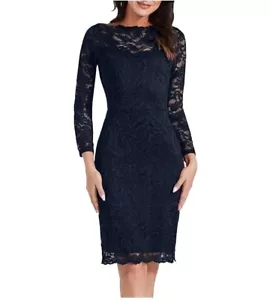 Elegant Floral Lace Bateau Neck Long Sleeve Navy Blue Cocktail Dress, M C3 - Picture 1 of 6