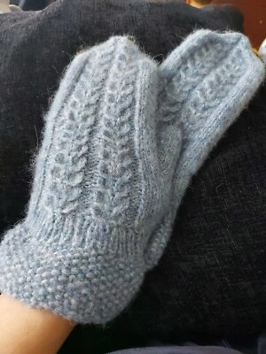 Handmade Wool mittens --Brand New--  Supersoft Cableknit Powder Blue - Image 1 of 2
