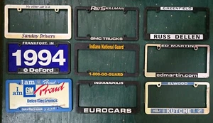 9 VINTAGE LICENSE PLASTIC PLATE FRAMES, DEALERS (6), NATIOAL GUARD, MISC (2) - Picture 1 of 1