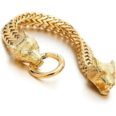 Brazalete de cadena de eslabones de acero de titanio con cabeza de lobo de moda para mujer y hombre Foto 1 de 4