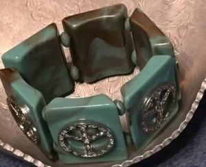 VTG Chunky Rhinestone Peace Sign Turquoise Stretch Bangle Bracelet - Picture 1 of 5