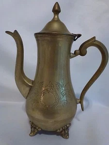 Brass over Silver Plate Etched Engraved Coffee Tea Pot 9 Inch Tall - Picture 1 of 10