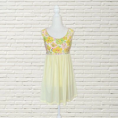 Vintage 60s Babydoll Mini Slip Dress Yellow Psychedelic Floral & Lace Xs - Image 1 of 4