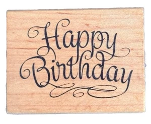 Happy Birthday Swirly Elegant Word Phrase Greeting Celebration Wood Rubber Stamp - Picture 1 of 3