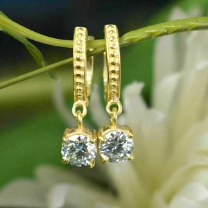 3.00 Ct Round Simulated Diamond Drop And Dangle Earrings 14k Yellow Gold Finish - Picture 1 of 5