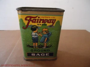 Vintage Fairway Ground Sage Powder Spice Tin 2 OZ PAPER OVER CARDBOARD CUTE KIDS - Picture 1 of 4