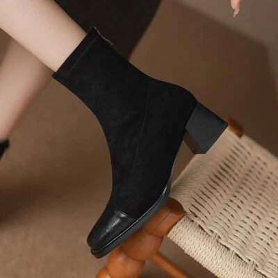 Botas de tornozelo femininas estilo francês biqueira quadrada zíper traseiro elástico salto médio bloco - Imagem 1 de 4