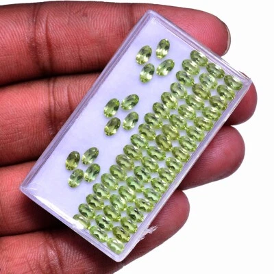 54 Stück VVS Natürlich Peridot 5mm 3mm Oval Facettiert Schliff Unbehandelt Lose - Bild 1 von 4