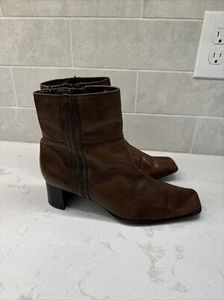 Apostrophe Jules Leathe Boots Brown Square Toe Side Zip Ankle Boots Size 9 1/2 M - Picture 1 of 17