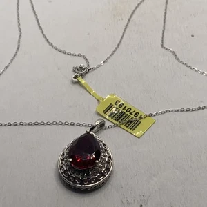 NWT 925 Sterling Silver Womens 20" Elegant Red Garnet Gemstone Pendant Necklace - Picture 1 of 7