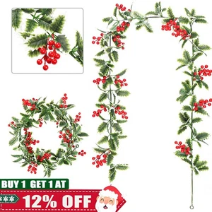 2M Holly Leaves Decor Christmas Garland Fake Red Berries Artificial Greenery NEW - Picture 1 of 17