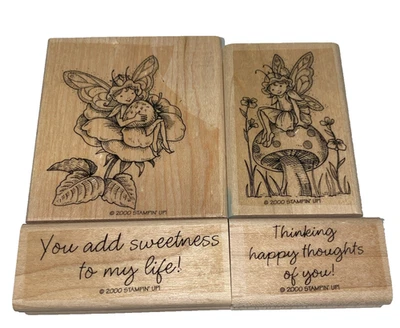 Stampin' Up!  Juego de 4 sellos 2 HADAS (2000) y 2 dichos positivos montados en madera Foto 1 de 4