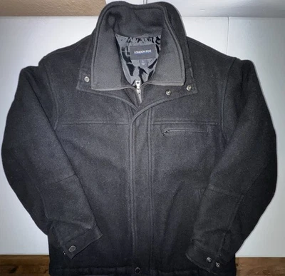 London Fog Car Coat Men’s Large Layered Wool Blend Full Zip Buttons Black - Image 1 of 4
