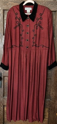 JESSICA HOWARD Button Down Red Black Plaid Maxi Dress Sz 20 P Modest Velvet Trim - Image 1 of 4