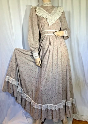 Vestido vintage calicó pradera estilo victoriano ribete de encaje manga larga años 70 granja Foto 1 de 4
