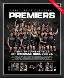 Penrith Panthers 2023 NRL Premiers 3-PEAT Official Sportsprint Framed CLEARY - Foto 1 di 1