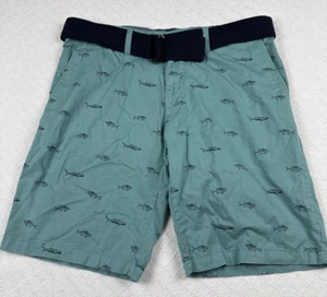 Beverly Hills Polo Club Hombres Pantalones Cortos Verdes Estampado de Peces Talla 36 con Cinturón 100% Algodón - Imagen 1 de 7