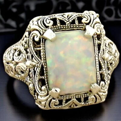 VINTAGE STYLE LAB-CREATED OPAL 925 STERLING SILVER SOLITAIRE FILIGREE RING   758 - Image 1 of 3