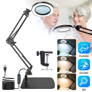 8x LED Lupe Leselupe Schreibtischlampe Vergrößerungsglas Juwelierlupe & Ständer - Bild 1 von 11