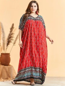 Mujeres Vestido Talla Grande Ropa Estampado Rojo Maxi Vestido Manga de Murciélago Vestido Musulmán M-7XL - Imagen 1 de 5