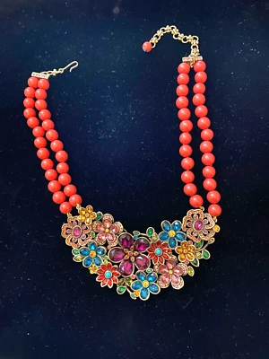 老式 HEIDI DAUS 花展围兜声明项链粉红色珠 20 — 第 1/4 张图片