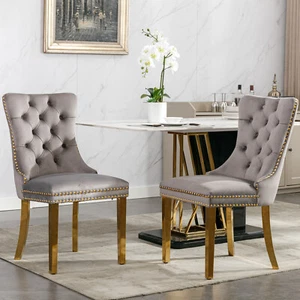 Set of 2 Velvet Upholstered Dining Chairs W/ Golden Stainless Steel Legs Gray US - Picture 1 of 9