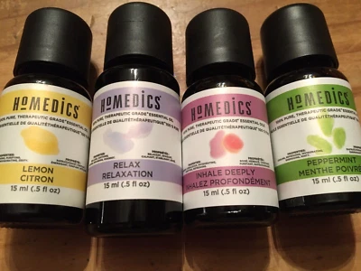 LOTE DE 4 ACEITES ESENCIALES HOMEDICS 100% PUROS GRADO TERAPÉUTICO 15 ML (0,5 OZ) CADA UNO Foto 1 de 4