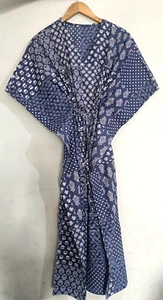 Indian Vintage 100% Cotton Long Beach Maxi Kaftan Dress One Size Caftan Kimono - Picture 1 of 5