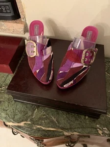 Emilio Pucci, Corduroy Brass Buckle, Platform High Heeled Mules, Sz 6.5 Italy - Picture 1 of 3