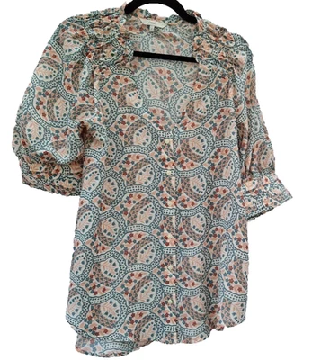 Próxima Blusa UK 12 Rosa Caqui Mezcla Patrón Cuello en V Manga Corta Informal Top Foto 1 de 4