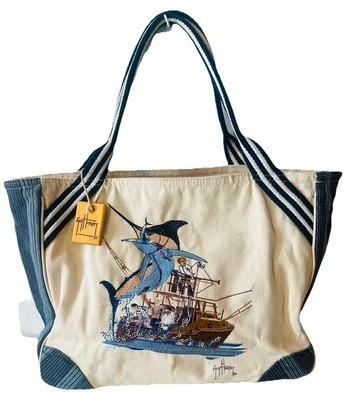 Bolso de Mano Guy Harvey Save Our Oceans Grande Blanco Lona Barco Foto 1 de 4