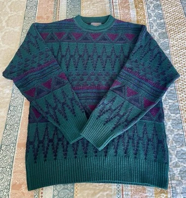 Pendleton Sweater Blue Green Purple Geometric 100% Wool Crew Neck USA Large Vtg. - Image 1 of 4