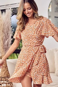 BiBi Floral Tied Short Sleeve Mini Wrap Dress - Picture 1 of 5