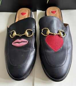 Gucci Pricetown Lips and Heart Embroidered Slip on Loafers Mules Size 41 Women