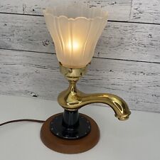 Vintage Upcycled Table Lamp Brass Faucet Cast Iron & Wood Base w/ Glass Shade