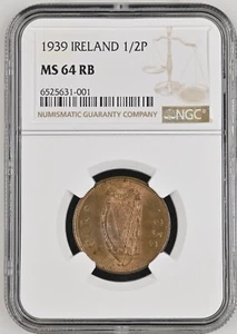 1939 IRELAND 1/2 PENNY NGC MS64 RB RARE KEY DATE NGC ONLY 6 FINER - Picture 1 of 2