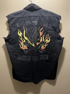 K&N MotorWear Mens Button Up Light Denim Black Biker Motorcycle Vest XL Skull - Picture 1 of 8
