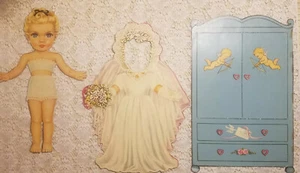 Large Vintage SALLY Little Girl Bride Paper Doll Wardrobe/Wedding Dress & Cake - Picture 1 of 11