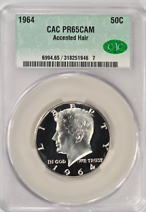 1964 ACCENT HAIR Kennedy Half Dollar Proof CACG PR65CAM PF 65 CAMEO Coin 50C