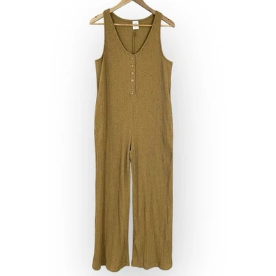 By Together Womens Ribbed Wide Leg Henley Jumpsuit M Heathered Beige Boho Chic - Image 1 of 4