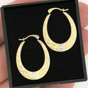 9ct Yellow Gold Creole Hoop Celtic Pattern Earrings - Picture 1 of 6