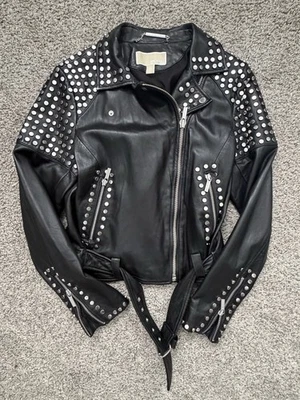 Michael Kors Black Moto Real Leather Jacket Silver Hardware Studs Buckles Med - Image 1 of 4