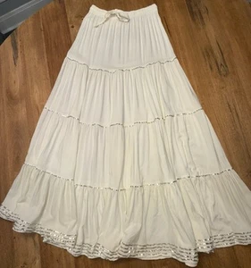 Vintage Cream With Gold Metallic Trim Skirt Tiered Maxi Broomstick Large - Picture 1 of 14